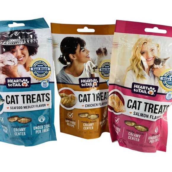 New 3 X 3 oz Heart to Tail Cat Treats Salmon Chicken Seafood Creamy Center - Picture 1 of 8